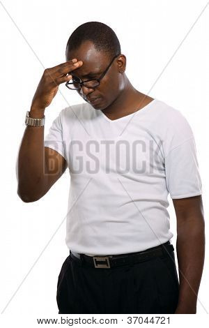 African american with head pain, isolated on white background