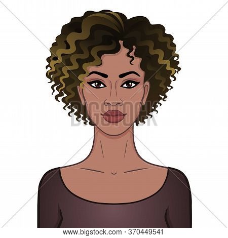 African Beauty. Animation Portrait Of The Young Beautiful Black Woman With Curly Hair. Color Drawing