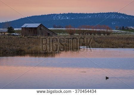 The Beautiful Sunset At The California Countryside. The Lake, Duke, Trees And The Wood Cabin