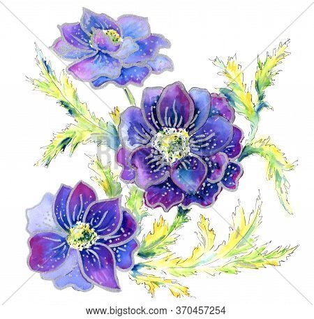 Bouquet Of Flowers Illustration. Graphics And Watercolor.
Sulfurous, Blue, Pink, Yellow, Green, Aqua