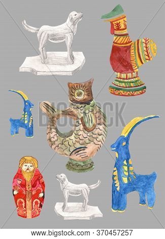 Illustration Old Toys, Print, Folk Art Watercolor