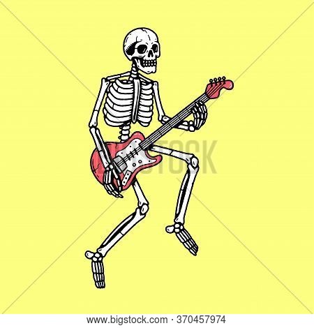 Skeleton With Electric Guitar Color Yellow Background