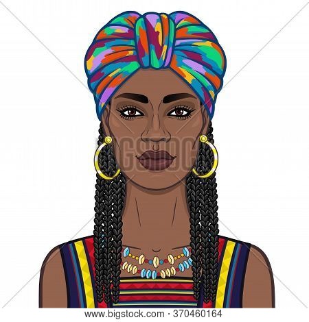 Animation Portrait Of The Beautiful  Black Woman In A Bright Turban And Afro-hair. Color Drawing. Ve
