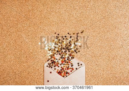 Gift Envelope With Confetti Stars On Suberic Background. Festive Holiday Background. Celebration Con