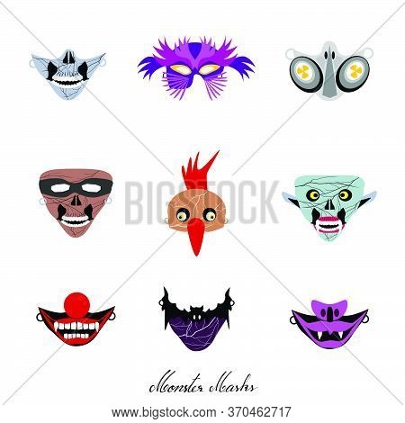 Holidays And Celebrations, Illustration Set Of Clowns, Aliens And Evils Masks For Halloween Celebrat