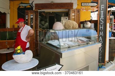 Symi, Greece - June 2019: Fish Market In The Town Of Symi, Symi Island, Greece