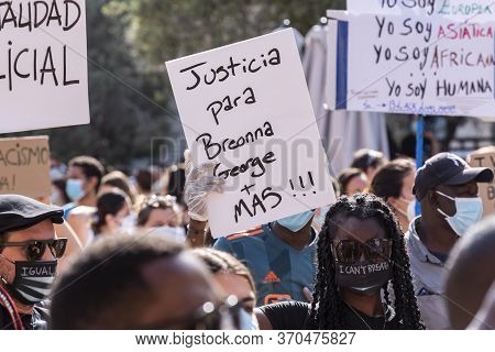 Palma De Mallorca, Spain - June 07 2020: Woman Stands Out From The Crowd With Face Mask With Message