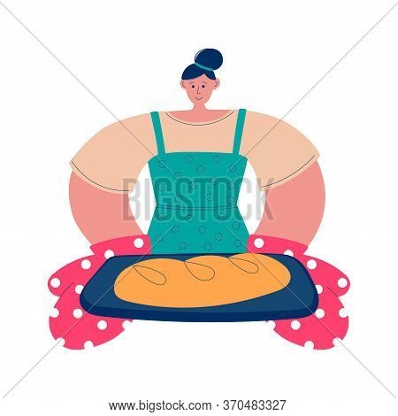 Woman Baking Bread At Home. Young Woman Holding A Pan With Freshly Baked Bread. Cooking Character In