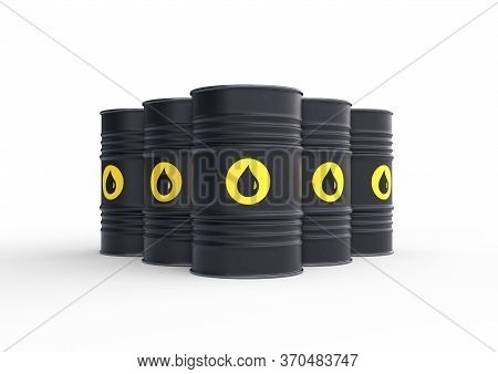 Black barrels of oil on a white background. 3D rendering illustration