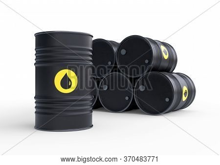 Black barrels of oil on a white background. 3D rendering illustration