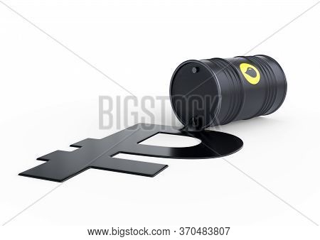 Barrel of oil spilling ruble sign on a white background. Black barrel from which oil spills. Oil prices inflation. 3D rendering illustration