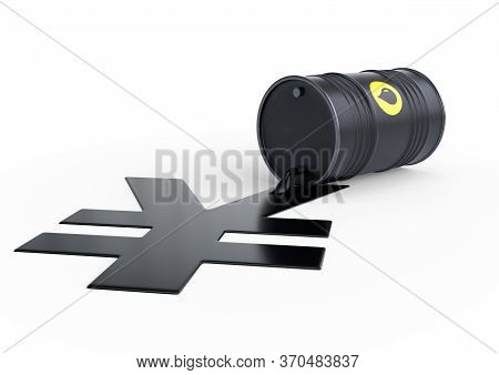 Barrel of oil spilling on a yellow bright background. Black barrel from which oil spills. Oil prices inflation. 3D rendering illustration