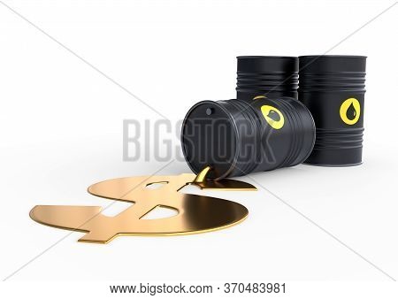 Barrel of oil spilling golden dollar sign on a white background. Black barrel from which oil spills. Oil prices inflation. 3D rendering illustration