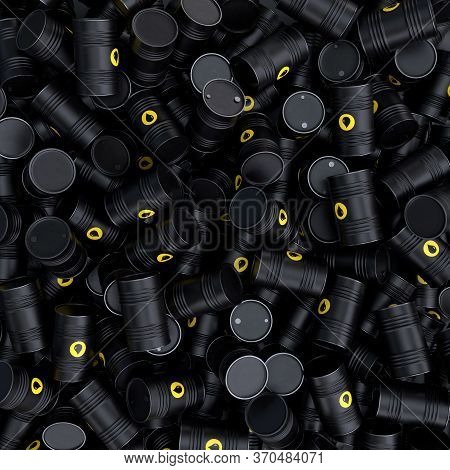 A Bunch Of Metal Black Barrels Of Oil. The Idea Of A Global Crisis. 3d Rendering Illustration