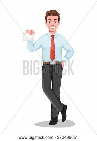 Successful Business Man Holding Blank Card. Handsome Businessman In Business Clothes. Cheerful Carto
