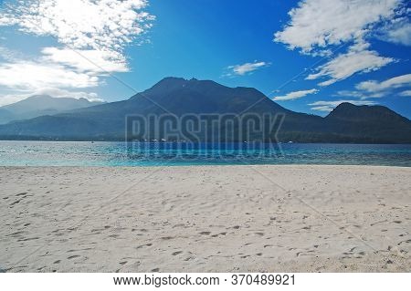 Mount Hibok Hibok With Sea Beach And Sands At White Island In Camiguin, Philippines