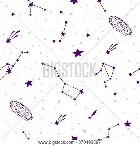 Cosmic Fabric For Kids. Bright Childish Tile. Constellations On White Backgtound. Cute Design For Ki
