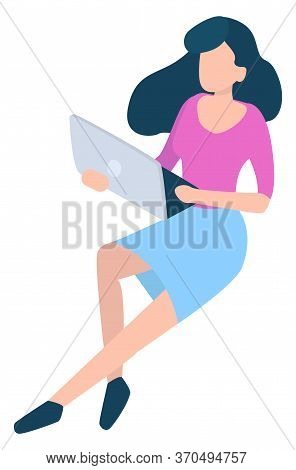 Woman With Laptop At Work Isolated Female Character Vector. Secretary Or Office Worker, Computer And