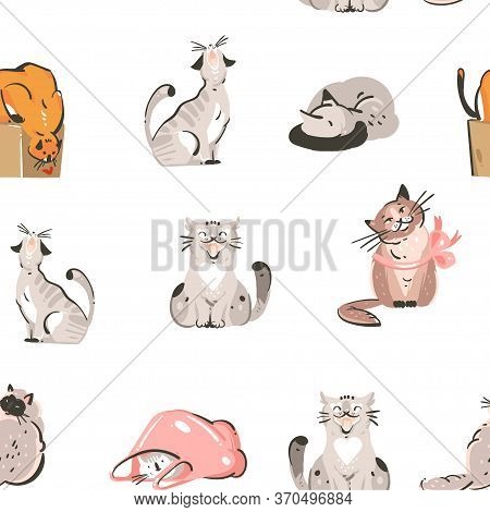 Hand Drawn Vector Abstract Stock Flat Graphic Illustration With Young Happy Cute Cats Collection Sea