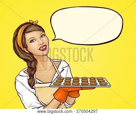 Pop Art Woman Holding Tray With Biscuit For Family Tea Party Or Event Celebration. Cookies On Baking
