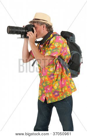Typical tourist with backpack and photo camera