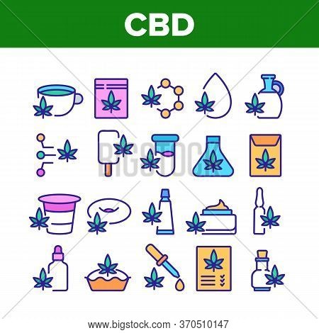 Cbd Cannabis Product Collection Icons Set Vector. Cannabis Drink And Ice Cream, Cake And Pie, Capsul
