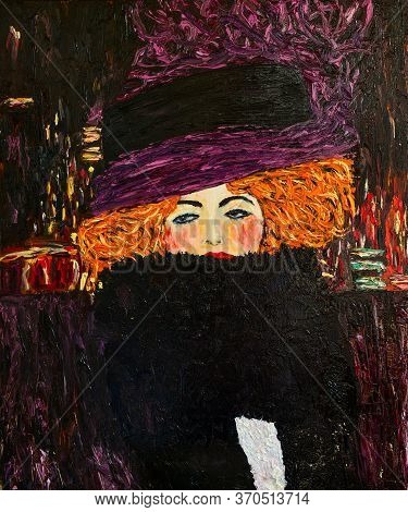 Oil Painting On Canvas. A Beautiful Red-haired Girl. Free Copy Based On Klimt\'s Famous Painting - A