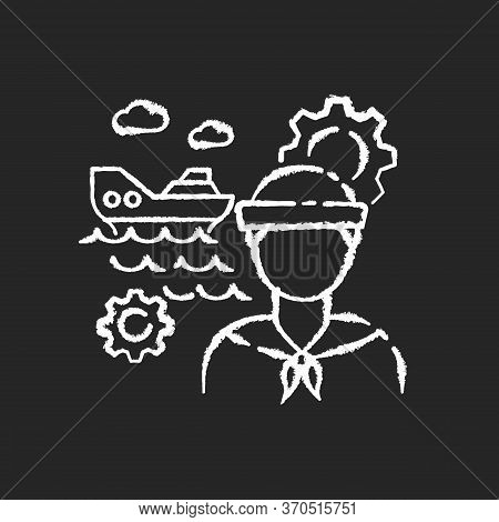 Marine Engineer Chalk White Icon On Black Background. Nautical Production. Professional Sailor For S