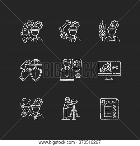 Industrial Production Worker Chalk White Icons Set On Black Background. Civil Engineering. Expenditu