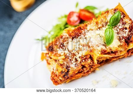 Traditional Italian Pasta Lasagne With Minced Meat, Tomato And Parmesan Cheese