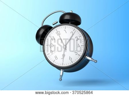 Black Vintage Alarm Clock Falling On The Floor With Bright Blue Background In Pastel Colors. Minimal