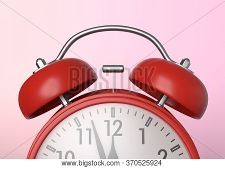 Red vintage alarm clock on bright pink background in pastel colors. Minimal creative concept. Front side. 3d rendering illustration