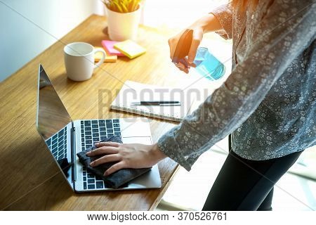 Bussiness Worman Work From Home Wearing Protection Mark In Covid-19 Virus Situation. Her Working In 