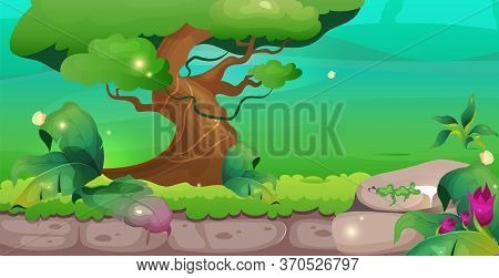 Jungle Flat Color Vector Illustration. Tree And Greenery. Idyllic Wild Park. Exotic Woods Sactuary. 