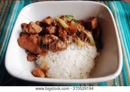 Adobo Pork Soy Sauce With Pechay Leafy Vegetable And White Rice Meal