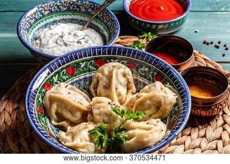 Uzbek Dumplings Called Chuchvara. Asian Ravioli With Minced Meat Pelmeni, Gyoza, Dim Sum, Jiaozi, Mo