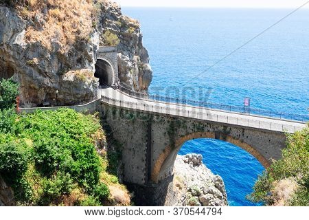 Famous Picturesque Winding Road And Viaduct Of Amalfi Summer Coast, Italy