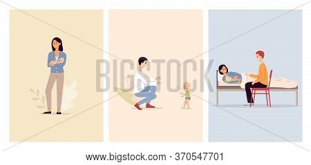 Happy Maternity Set Of Parents After Babybirth Flat Vector Illustration Isolated.