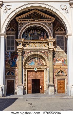 Aosta, Italy-june 17,2019: The Entrance To The Cathedral Of Santa Maria Assunta And San Giovanni Bat