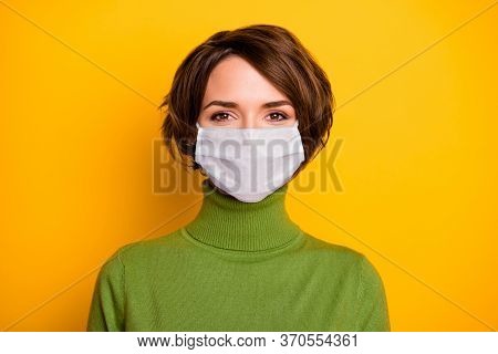 Close-up Portrait Of Her She Nice Pretty Girl Wearing Gauze Safety Mask Stop Contagious Ncov Cov Mer