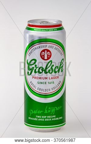 Calgary, Alberta, Canada. June 08, 2020. An Isolated Grolsch Tallboy Beer Can On A White Background.
