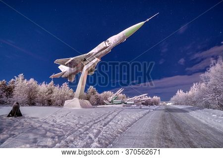 Murmansk, Russia - 12 28 2017: Sukhoi Su-15 Fighter Jet Under A Starry Night In The Arctic Winter At