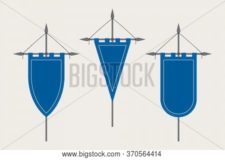 Medieval Pennant Hanging On Flagpole. Set Of Blank Flags. Blue Template Banner And Poster Vector