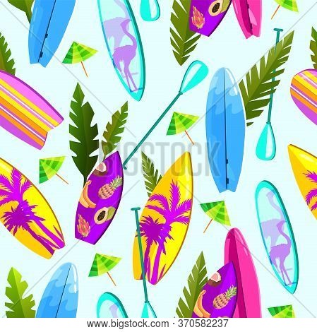 Vector Summer Seamless Pattern With Multi-colored Surfboards, Leaves, Paddles, Umbrellas On Blue Bac