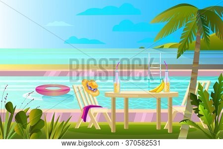Summer Rest Banner With Pool, Table, Chair, Palm, Hat. Picnic Near Ocean Background In Flat Style. T