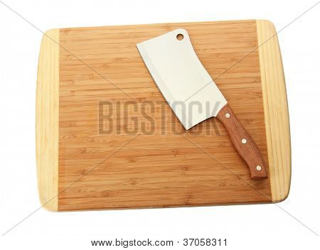 mannaia di carne sul tagliere isolata on white