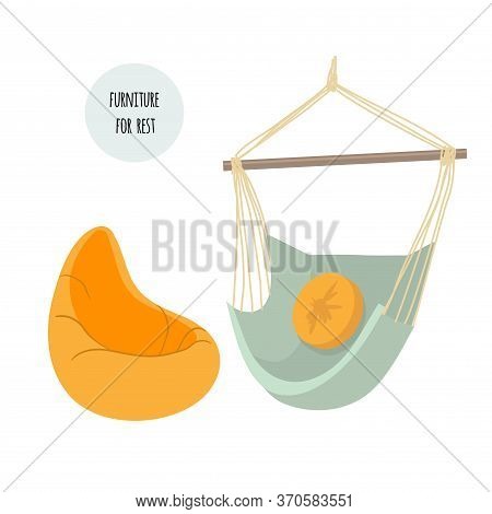A Set Of Furniture For Relaxing, A Hammock, A Pear Chair. Flat Style. Vector Stock Illustration. Iso