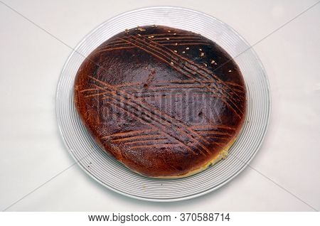 Whole And Sliced Cakes . Traditional Sweet Gata White Backgrounds . Round Oven . Traditional Country