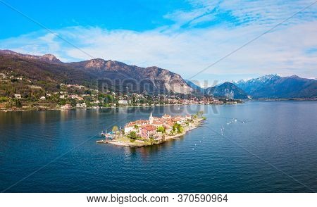 Isola Dei Pescatori And Stresa Town Aerial Panoramic View. Isola Dei Pescatori Or Fishermens Island 