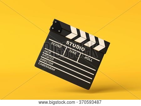 Flying сlapperboard Isolated On Bright Yellow Background In Pastel Colors. Minimalist Creative Conce